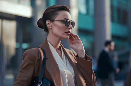 woman in a coat and sunglasses, stands outdoors in a city setting, creating a focused, professional atmosphereの素材
