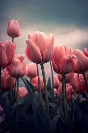 a serene landscape of delicate pink tulips, surrounded by green leaves, under a soft, diffused light against a cloudy backdropの素材
