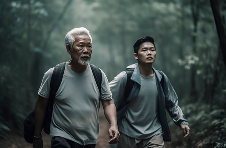 Two individuals walk together through a misty, forested path creating a sense of companionship and adventureの素材