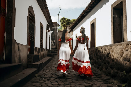 two individuals in traditional clothing walking hand-in-hand on a cobblestone street surrounded by old buildingsの素材