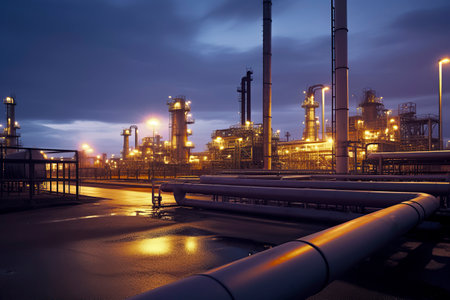 An industrial plant illuminated at dusk, with pipes and towers under a cloudy sky, reflecting on the wet groundの素材