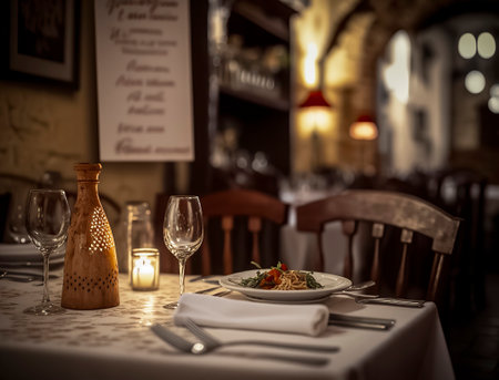 a romantic restaurant setting with a table for two, a pasta dish, wine glasses, and a menu board in the backgroundの素材