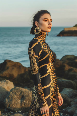 woman in a leopard print outfit stands by the ocean, creating a sense of mystery and eleganceの素材