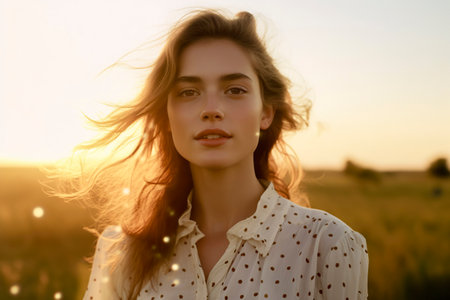 woman with flowing hair stands in a field during sunset creating a sense of freedom and tranquilityの素材