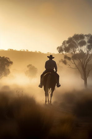 A silhouette of a person riding a horse amidst fog, surrounded by trees, under a golden sunrise or sunsetの素材
