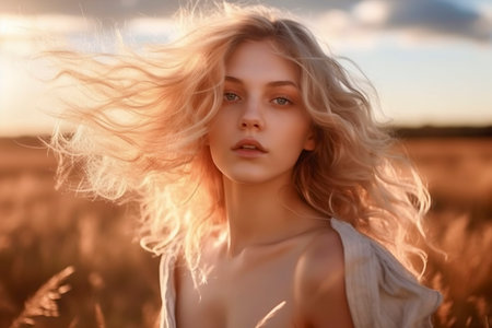 blonde woman with flowing hair stands in a field during sunset, creating a serene and golden atmosphereの素材
