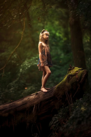 girl stands on a mossy log in a sunlit forest, wearing a dress and a flower crownの素材