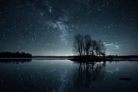 serene night scene with the Milky Way and stars reflecting on a calm lake, silhouetted by treesの素材
