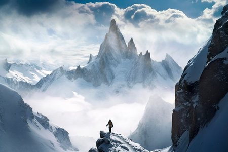 A person stands on a snowy peak, gazing at majestic, misty mountains under a cloudy, ethereal sky.の素材