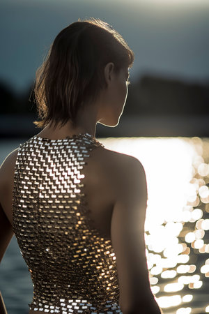 woman in a metallic dress facing a shimmering body of water, illuminated by the setting or rising sunの素材