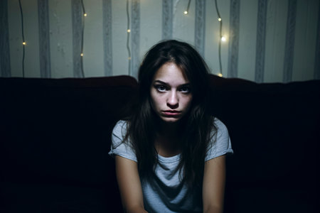 young girl sits on a couch, illuminated by soft lights against a patterned wallの素材