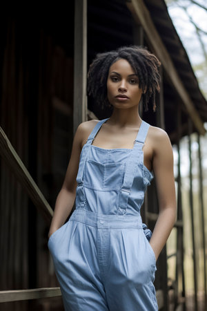 black woman in blue overalls stands near a wooden structureの素材