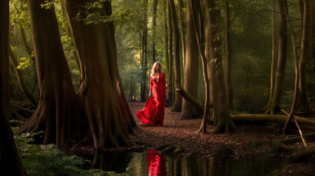 a tranquil forest scene with a woman in a red dress standing by a reflective pond, illuminated by soft light. The atmosphere is serene and mysticalの素材