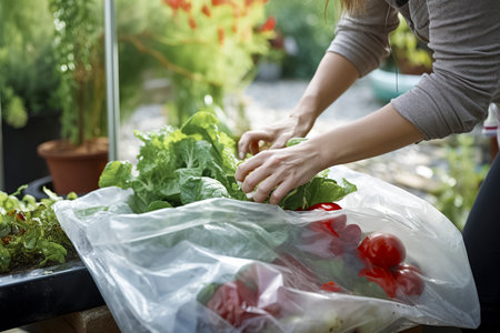 woman is harvesting fresh vegetables into a plastic bag in a lush, green garden settingの素材