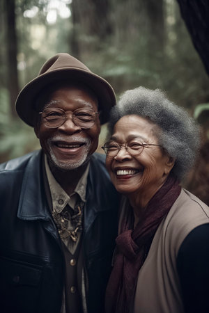 Two old people, dressed warmly, standing close together in a forest during cool weatherの素材