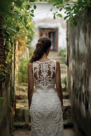 bride in a detailed white dress stands between walls, facing a distant door, surrounded by overhanging greenery.の素材