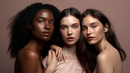 three women with diverse, healthy, and shiny hair, against a neutral backgroundの素材