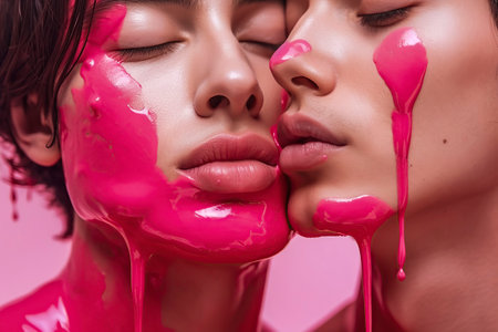 portrait of two women kissing with pink paint stains on their facesの素材