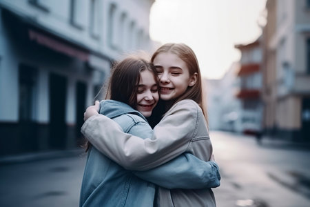 two women hugging on a quiet, urban street, conveying closeness and supportの素材