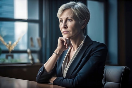 woman in a suit, sitting by a window in deep thought. The mood is contemplative and sereneの素材