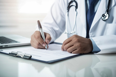 a doctor in a white coat with a stethoscope, writing on a clipboard near a laptop, in a bright settingの素材