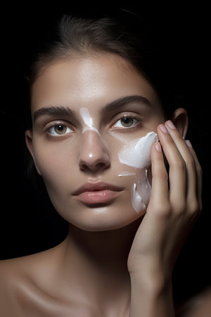 brunette woman applying cream to her face taking care of her skinの素材