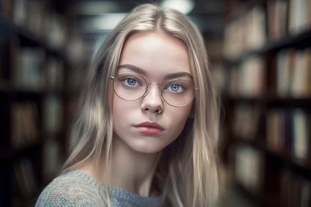 blonde woman in a library aisle, surrounded by shelves filled with booksの素材