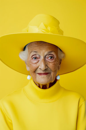 old woman in yellow attire and hat, set against a yellow backgroundの素材