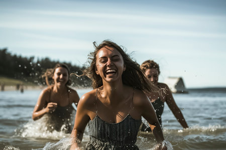 Three women are joyfully playing in the water at a beach, under a clear skyの素材
