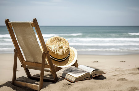 a serene beach scene with a chair, open book, and straw hat overlooking the gentle wavesの素材