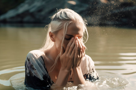 blonde woman submerged in water, hands covering face, illuminated by sunlight, creating a serene atmosphereの素材