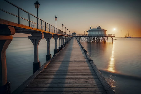 A serene pier extends into calm waters under a soft golden sunset, with a distant sailboat and a structure at the endの写真素材