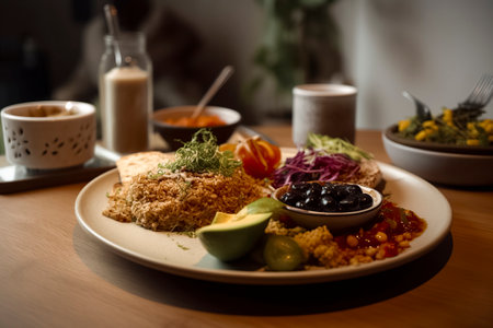 a delicious meal with various dishes including a main course, salad, and drinks on a wooden tableの写真素材