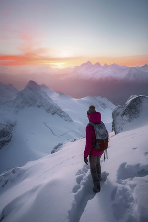 A person in a pink jacket stands amidst snowy mountains, witnessing a serene and colorful sunsetの素材