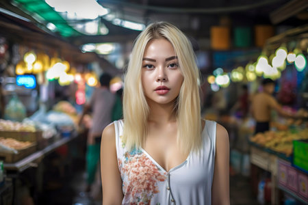 asian woman stands in a colorful, bustling market with various items for saleの素材