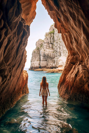 stands in water inside a rocky cove, gazing at the open sea and sky, surrounded by cliffsの素材