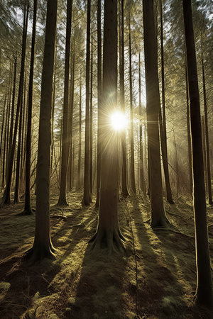 Sunlight pierces through a dense forest, illuminating mist and casting long shadows among tall, slender treesの素材