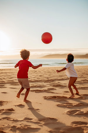 Two children play with a red ball on a sandy beach during a beautiful sunset.の素材