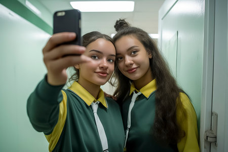Two women in green and yellow attire taking a selfie in a brightly lit, narrow spaceの素材