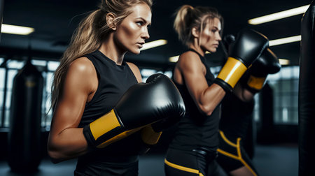 women in a gym, wearing boxing gloves and workout attire, preparing to engage in a boxing workoutの素材
