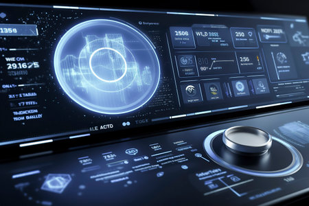 A futuristic interface displaying various data, graphics, and a holographic globe, indicating advanced technology or science fiction settingの素材