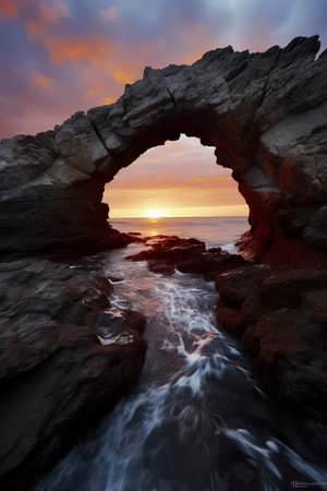 A stunning sunset through a natural rocky arch over a serene ocean, illuminating the waves and rocks with warm lightの素材