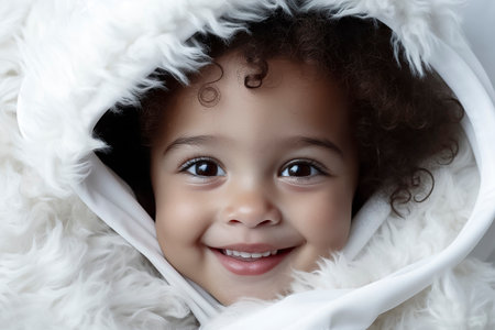 smiling child with curly hair lying on a fluffy, white surfaceの素材