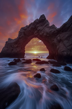 a breathtaking sunset through a natural rock arch, illuminating the ocean waves and scattered rocks with warm lightの素材