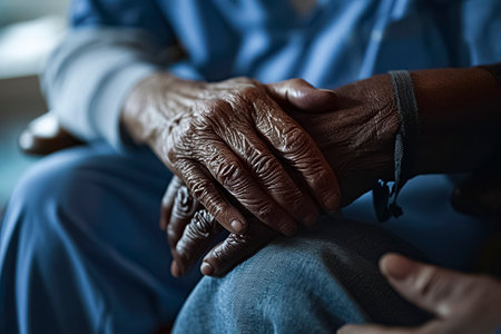 Two people, one with aged hands, are holding hands in a comforting manner, conveying a sense of care and supportの素材