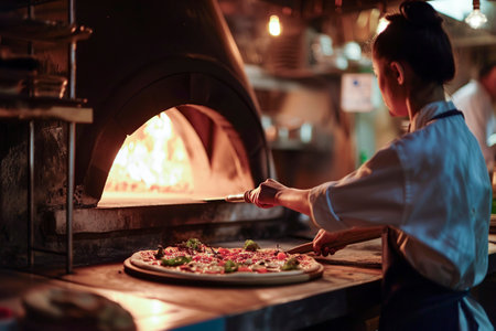 woman is preparing a pizza in a wood-fired oven in a dimly lit, organized kitchenの素材