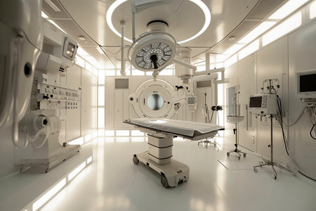 a modern, clean, and well-equipped operating room with advanced medical equipment and bright lightingの素材