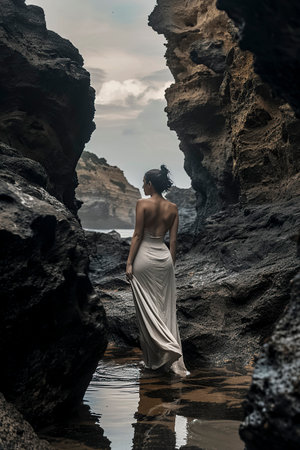 serene setting of a woman amidst rocky formations near water, under a cloudy skyの素材