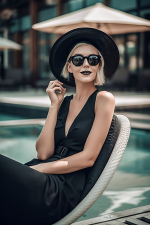 blonde woman in a black outfit and hat, sitting elegantly by a serene, reflective pool, exuding a calm, luxurious atmosphereの素材