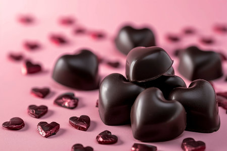 dark chocolate hearts amidst smaller, shiny, red heart-shaped decorations on a pink backgroundの素材